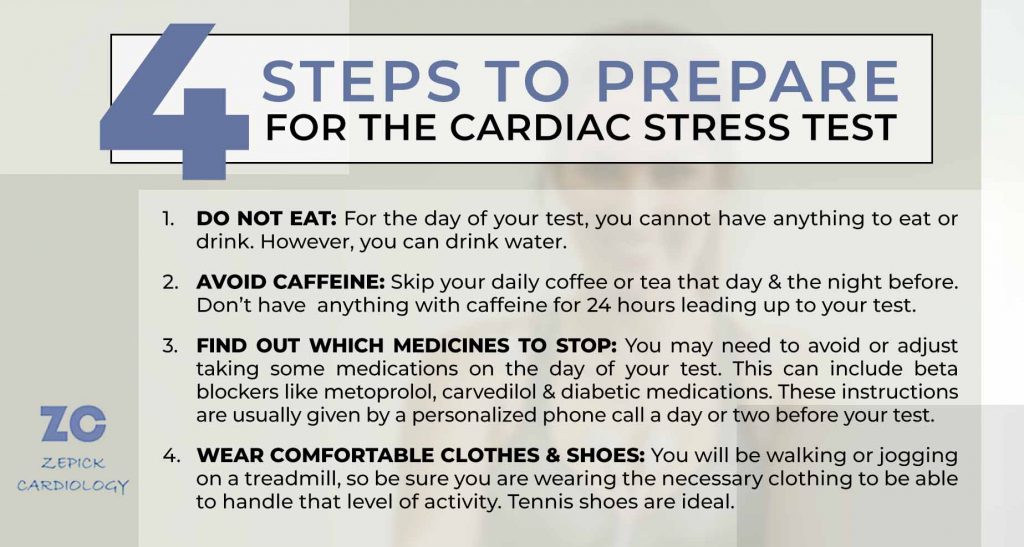 4 Steps to prepare for the cardiac stress test info-graphic - including do not eat, avoid caffeine and wear comfortable clothing